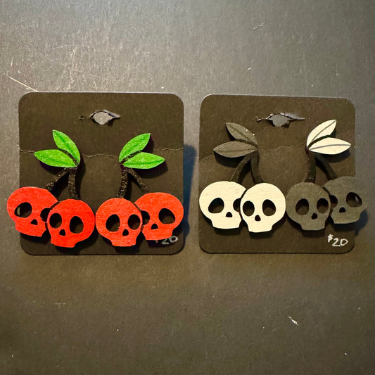 Cherry Skull Wood Earrings